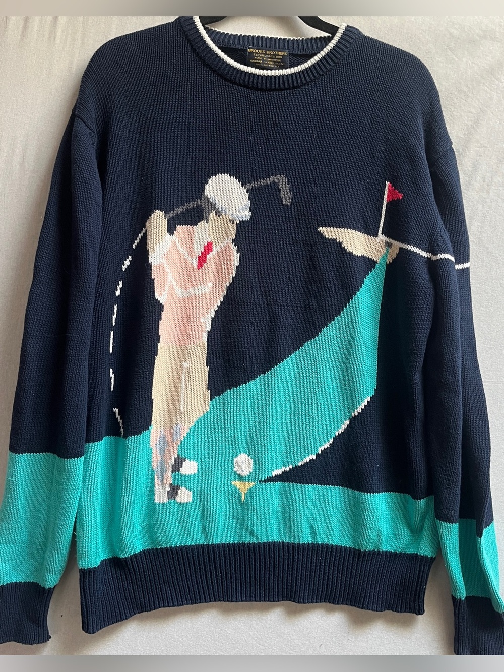 Brooks Brothers Navy Crewneck Sweater Teal Golf Intarsia Large